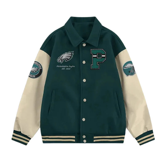 Philadelphia Eagles Collared Green and Off White Varsity Jacket