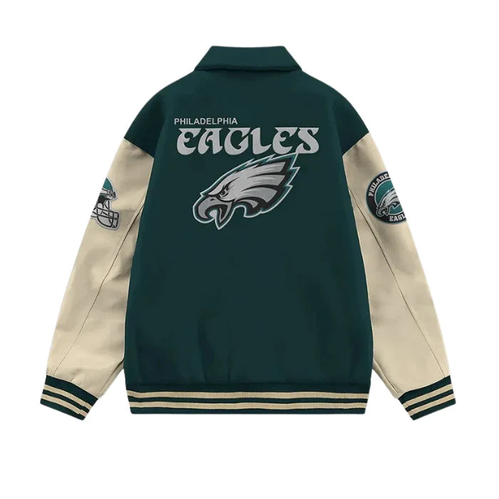 Philadelphia Eagles Collared Green and Off White Varsity Jacket Back Side