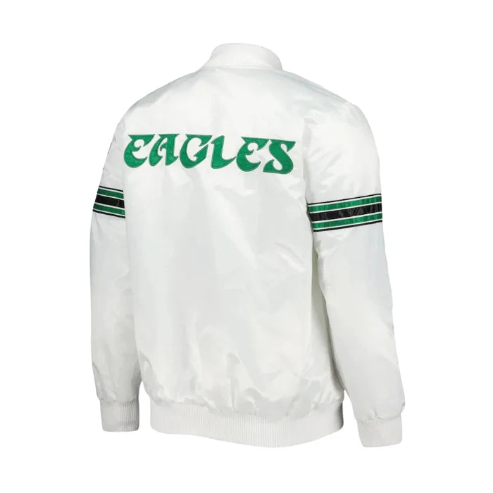 White jacket with 'EAGLES' text on the back against a white background
