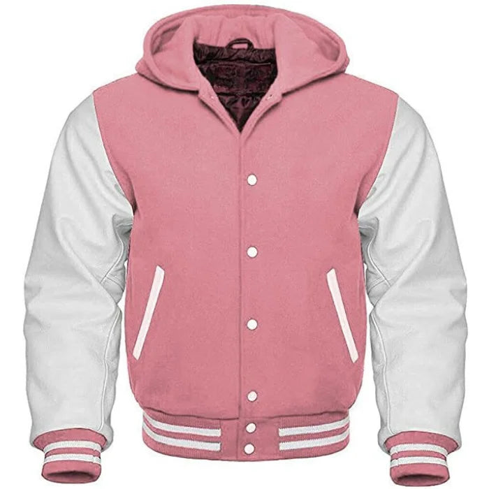 Pink and White Hooded Varsity Jacket