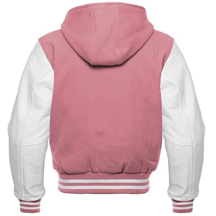 Pink and White Hooded Varsity Jacket Back Side