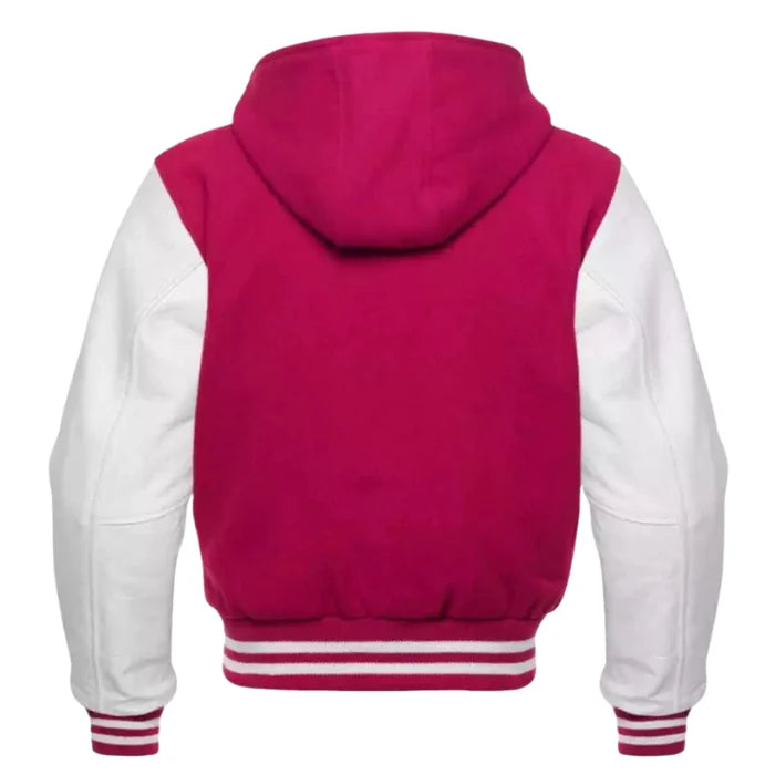 Pink and white varsity jacket Back side with a hood on a white background