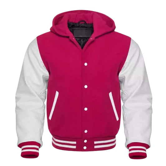 Pink and white varsity jacket with a hood on a white background