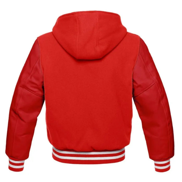 Red hooded jacket with white stripes on cuffs and hem against a white background