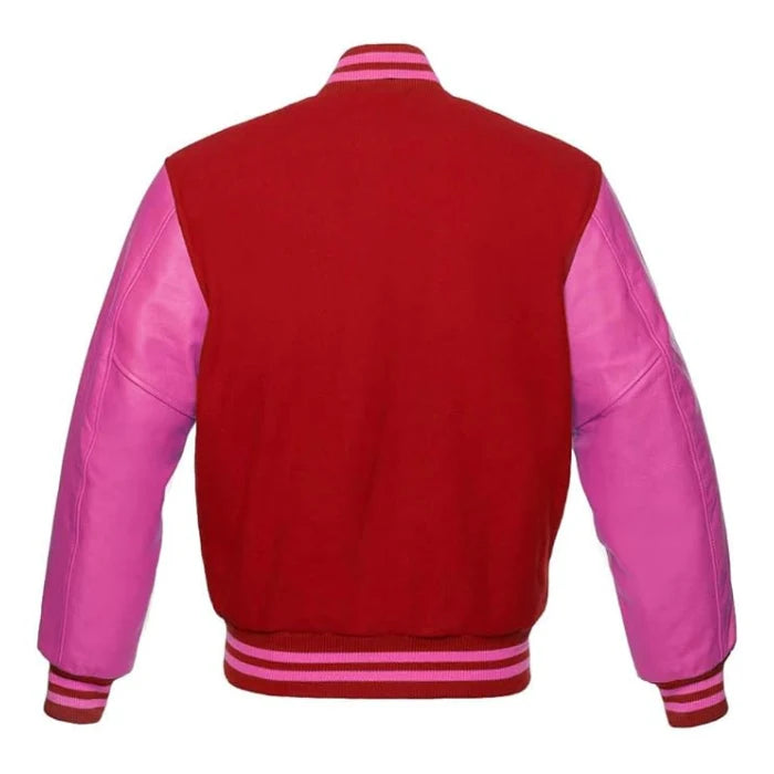 Red and Hot Pink Varsity Jacket Back Side