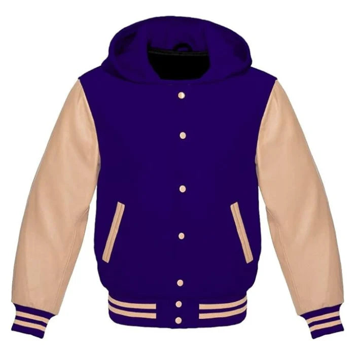 Purple and beige varsity jacket with a hood on a white background
