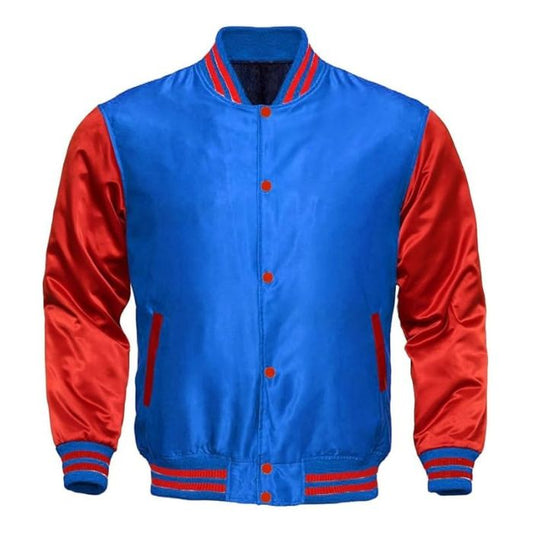 Royal Blue and Red Satin Varsity Jacket