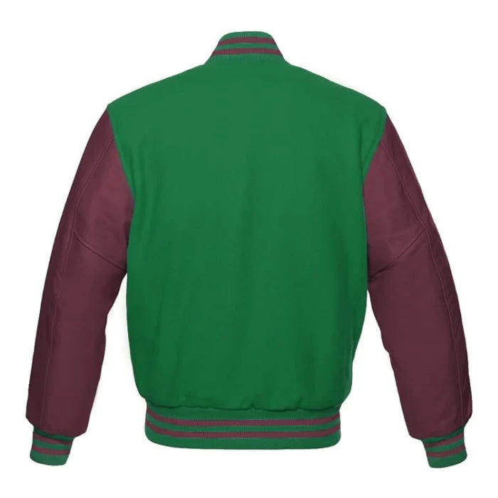 School Green and Maroon Varsity Jacket Back Side