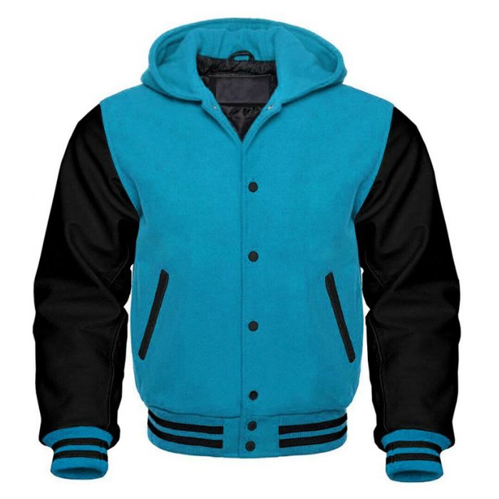 Sky Blue and Black Varsity Hooded Jacket
