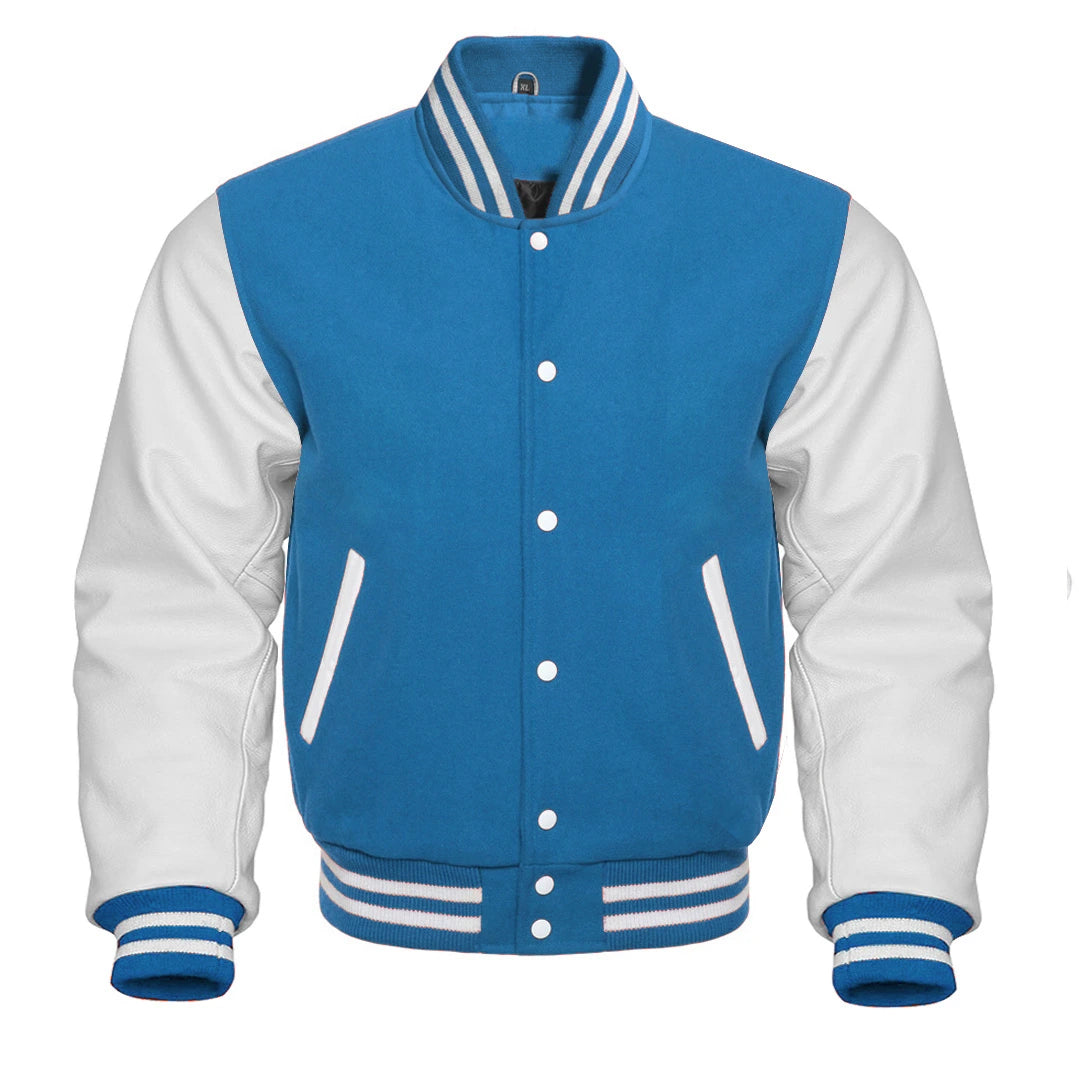 Sky Blue and White Letterman Jacket