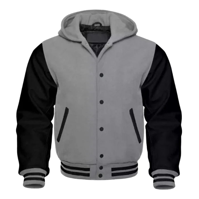 Gray and black varsity jacket with a hood on a white background