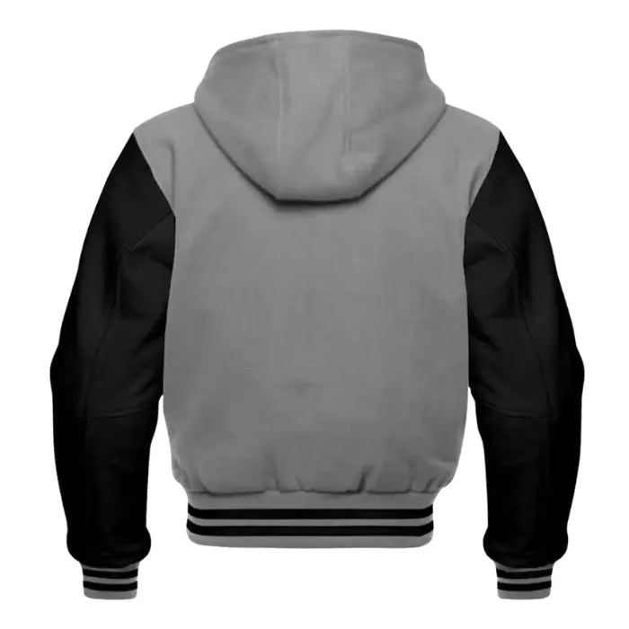 Gray and black varsity jacket with a hood Back Side on a white background