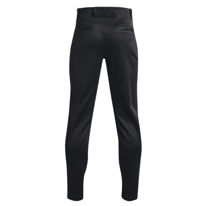 Back view of baseball pants with reinforced knees and tapered fit.