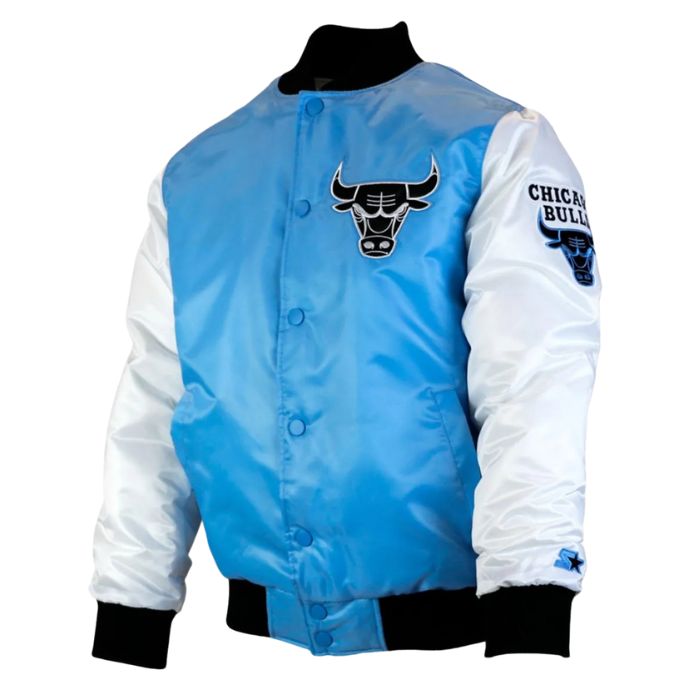 blue and white bulls silk varsity jacket