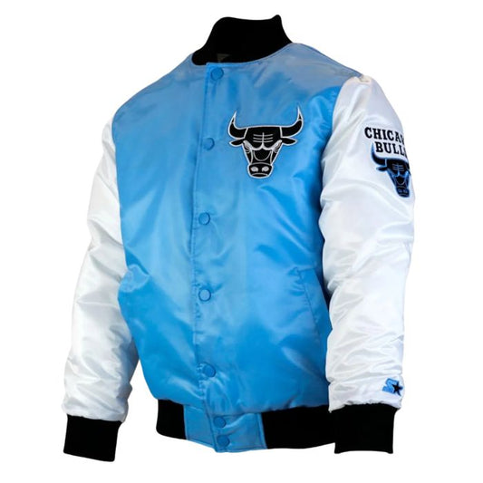 blue and white bulls silk varsity jacket