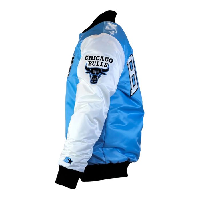 blue and white bulls silk varsity jacket