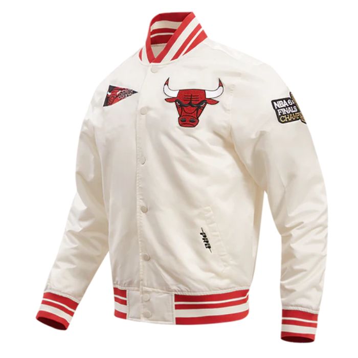 chicago bulls off white satin varsity jacket