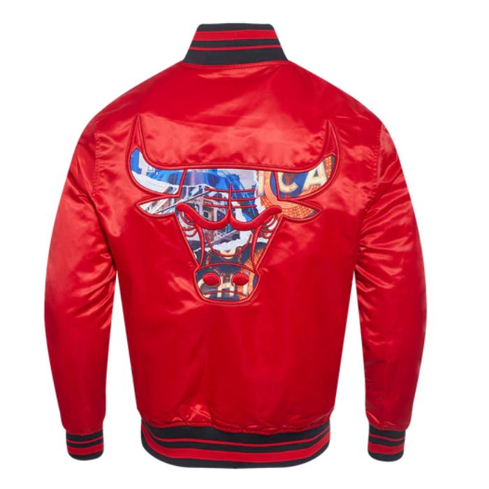 chicago bulls red satin varsity jacket back side