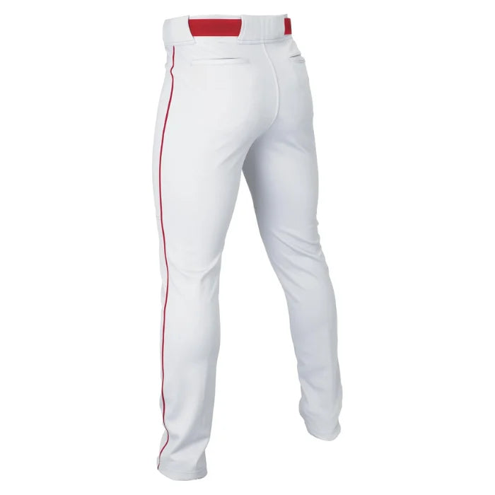 Back view of ViperFlex RelaxFit white baseball pants with red side stripes and red waistband.