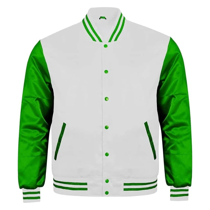 White and Green Satin Varsity Jacket