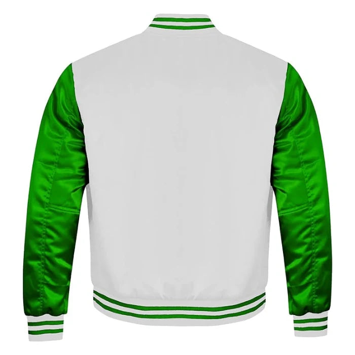 White and Green Satin Varsity Jacket Back Side