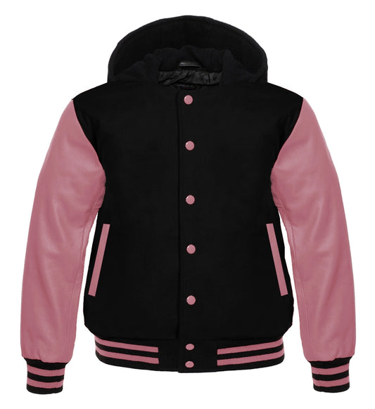 A black and pink hooded varsity jacket with leather sleeves and snap buttons, designed for women.