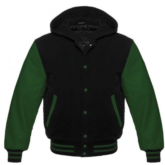 A black and dark green Varsity Jacket with a hood, featuring ribbed details, spacious pockets, and a snap button closure.