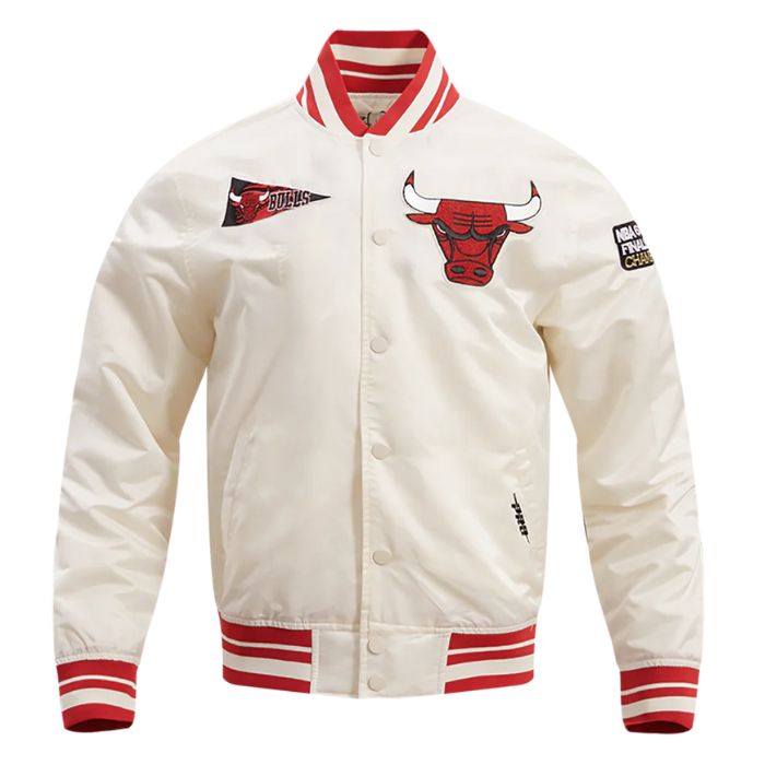 chicago bulls off white satin varsity jacket