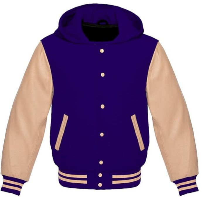 A dark purple hoodie with beige leather sleeves, featuring a front pouch pocket and an adjustable hood.
