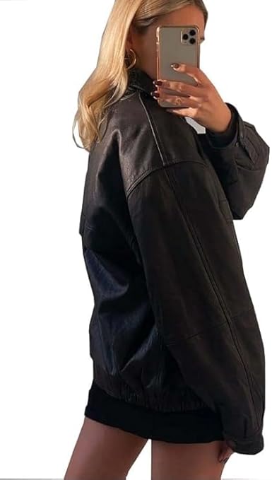 women’s oversized black leather streetwear jacket