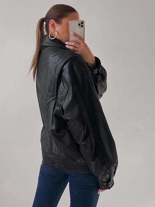 women’s oversized black leather utility jacket