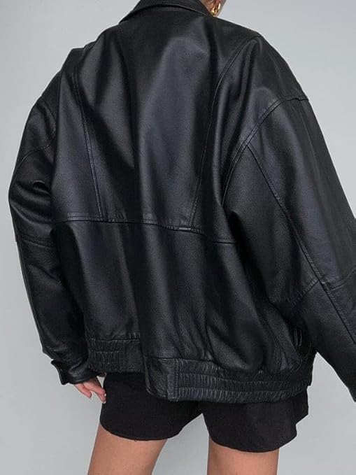 women’s oversized black leather vintage zip jacket