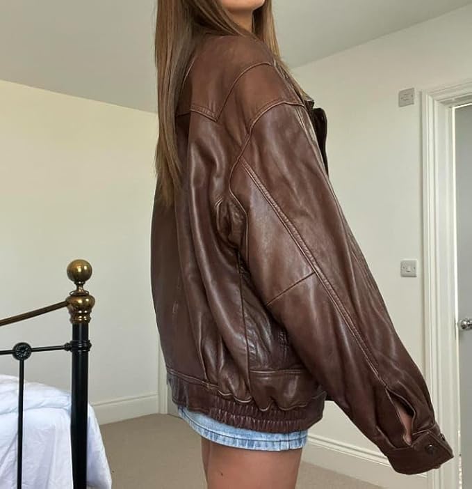 women’s oversized brown leather classic zip jacket
