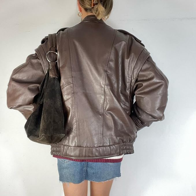 women’s oversized brown leather command zip jacket