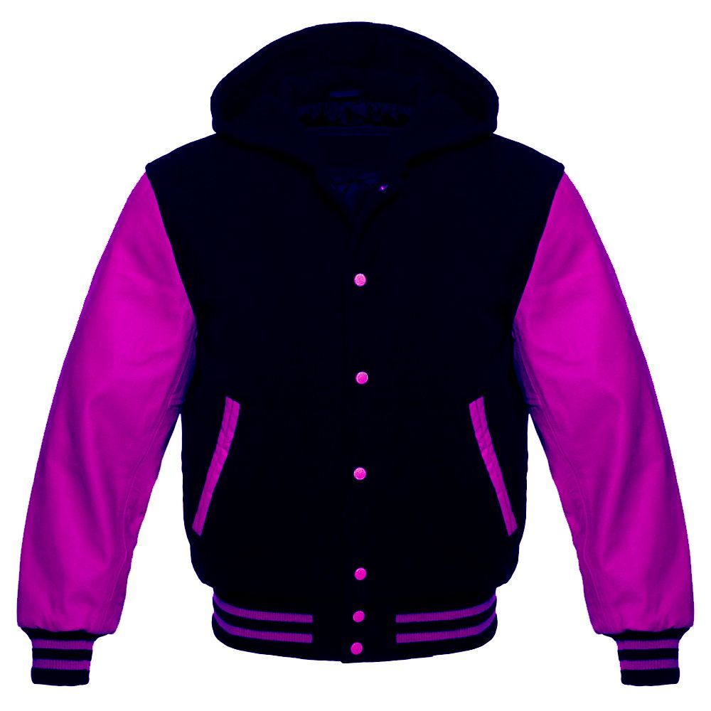 A black and purple varsity jacket with a hood, featuring a front pouch pocket and ribbed cuffs.