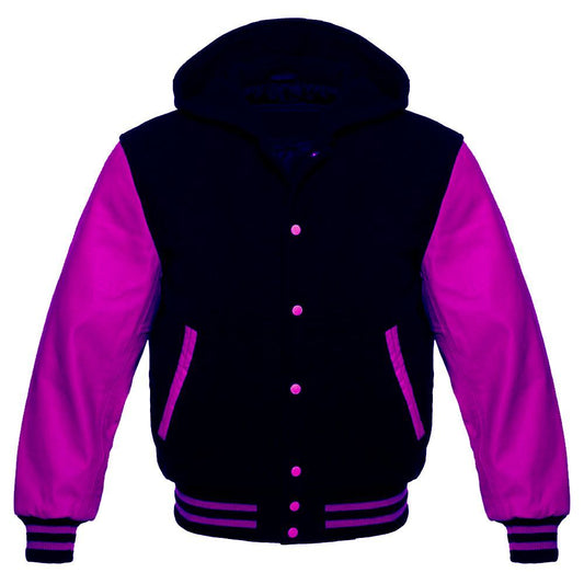 A black and purple varsity jacket with a hood, featuring a front pouch pocket and ribbed cuffs.