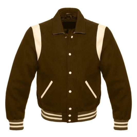 Vintage brown retro varsity jacket with white stripes and classic letterman design