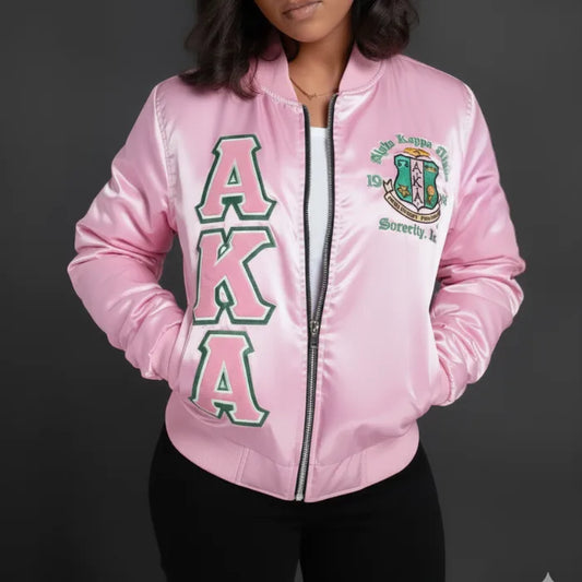 AKA Alpha Kappa Satin Varsity Jacket in Pink Color