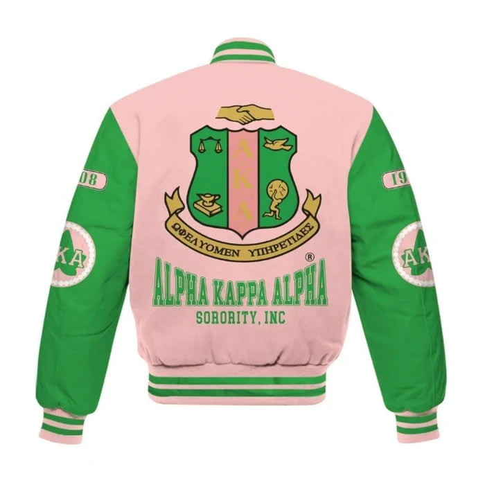 Aka Pink and Apple Green Varsity Jacket Back Side