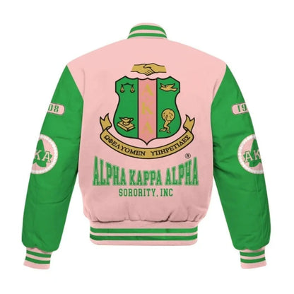 Aka Pink and Apple Green Varsity Jacket Back Side
