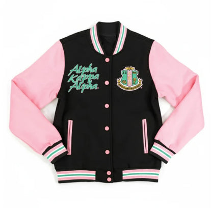 Black and pink varsity jacket with Alpha Kappa Alpha lettering on a white background