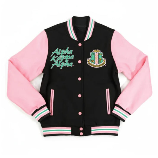 Black and pink varsity jacket with Alpha Kappa Alpha lettering on a white background