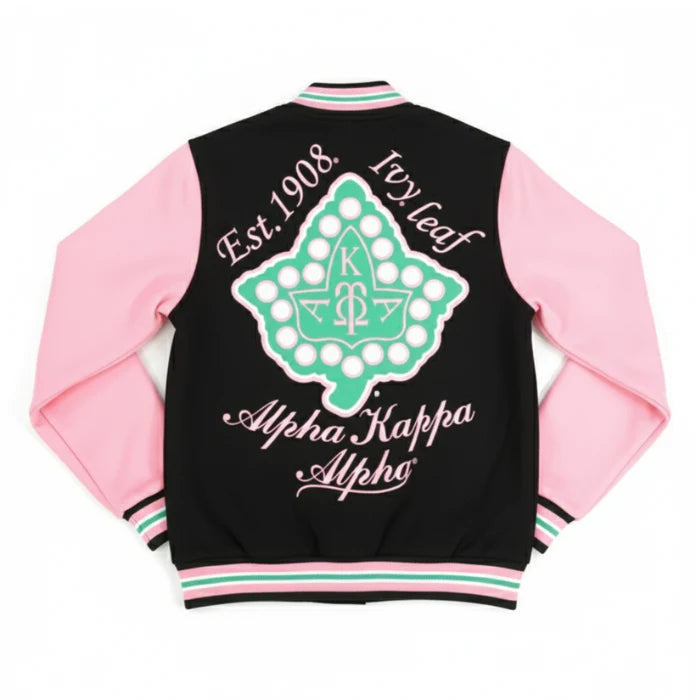 Black varsity jacket with pink sleeves featuring Alpha Kappa Alpha logo and text.