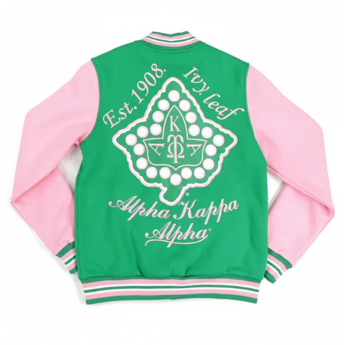 Green and pink varsity jacket with Alpha Kappa Alpha logo and text on a white background