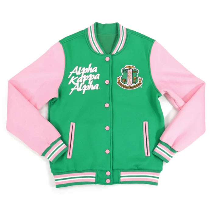 Green and pink varsity jacket with 'Alpha Kappa Alpha' text and emblem on a white background