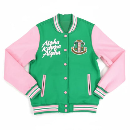 Green and pink varsity jacket with 'Alpha Kappa Alpha' text and emblem on a white background