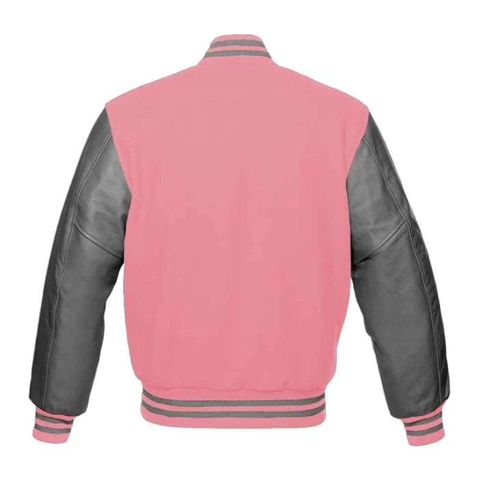 Baby Pink and Grey Varsity Jacket Back Side
