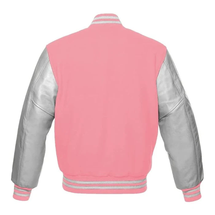 Baby Pink and Silver Varsity Jacket Back Side
