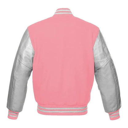 Baby Pink and Silver Varsity Jacket Back Side