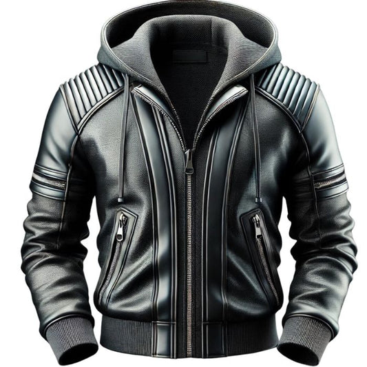 Black Leather Jacket with Hoodie